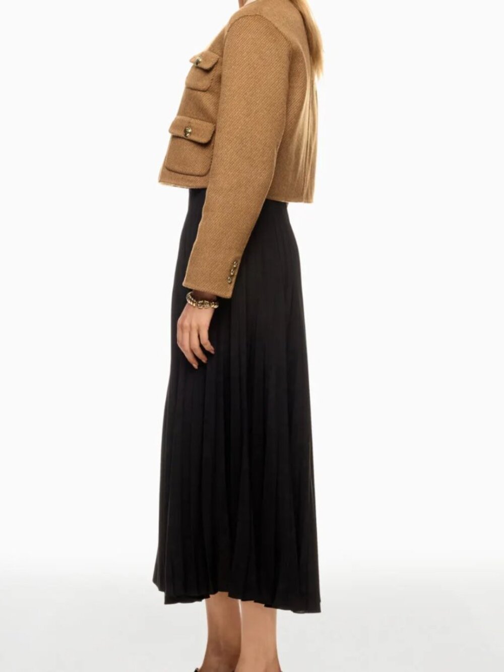 Sandro Black Souvenir Pleated Wrap Midi Skirt Gold Buckle Size 34 FR 2 US - Picture 5 of 6